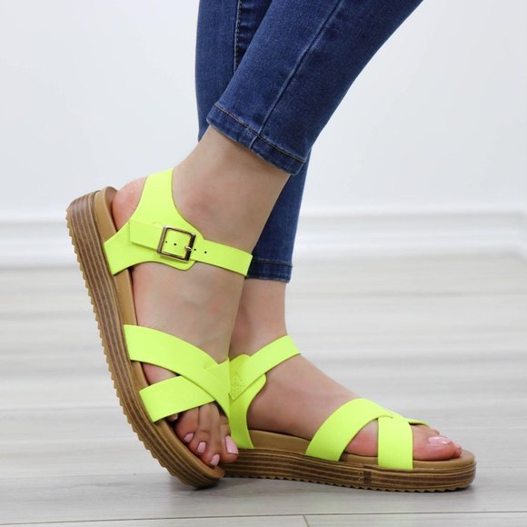 Shoes - Neon Green Strappy Comfort Sandals Faux Nubuck